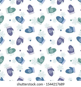 Vector seamless pattern with colorful mittens on snow. Winter background for greeting card, gift box, fabric, wrapping paper, wallpaper, web design.