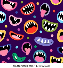 Vector seamless pattern with colorful monster mouths with tongues and teeth for Halloween designs