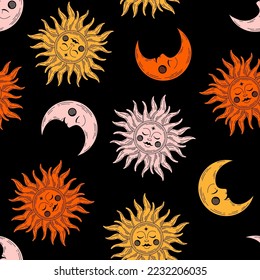 Vector seamless pattern with colorful moon and sun and black background