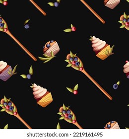 Vector seamless pattern of colorful muffins cupcakes and spoons with berries surrounded by berries with leaves isolated on black. Bakeries,print,confectioners,cafe concept.