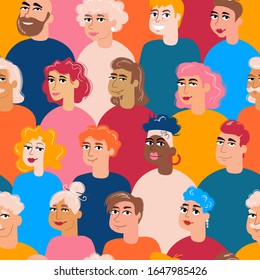 Vector seamless pattern with colorful multiracial women and men. Background on the theme of people, friendship, crowd. Cartoon female and male characters. Flat design