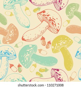 vector  seamless pattern with colorful mushrooms and acorns