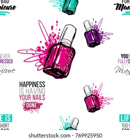 Vector seamless pattern with colorful nail polish bottle and slogans. Watercolor art graphic icons on white background. Fashion illustration, beauty salon logo, uniform concept for employees.