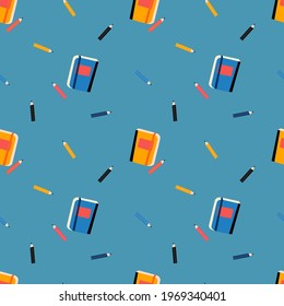 Vector seamless pattern with colorful notebooks and pencils, a flat style pattern on a blue background. Children's illustration for postcards, packaging, clothing, office supplies