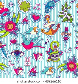 vector seamless pattern with colorful old school tattoo pattern, crying eye, sparrow, skull, clover, gun, diamond in cartoon style, on striped background