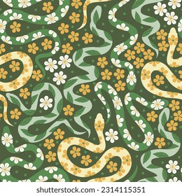 Patrón vectorial sin fisuras con coloridas serpientes y flores ornamentadas.