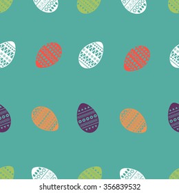 Vector seamless pattern of colorful and ornate easter eggs. Fresh and spring design for greeting cards, textile, booklet, fabric, sticker, stencil. Dots, flowers, stripes, curves, ovals, triangles