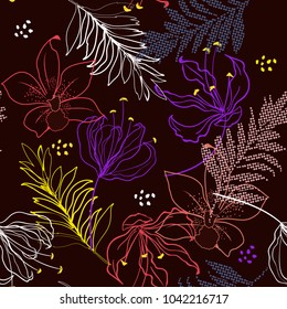 Vector seamless pattern. colorful outline wild flowers on dark maroon color background for fabric design, textile print, wrapping paper or web backgrounds .