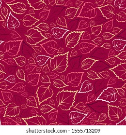 Vector seamless pattern with colorful outline leaves on red background for wallpaper, textile, book covers, wrapping, autumn greeting cards.