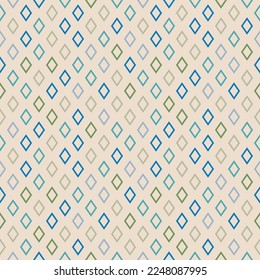 Vector seamless pattern with colorful outline rhombuses. Abstract geometric ornament texture with simple diamond shapes in regular grid. Blue, green and beige color background. Repeat vintage design