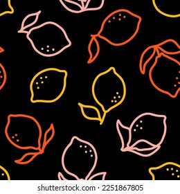 Vector seamless pattern with colorful outline lemon and black background