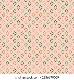 Vector seamless pattern with colorful outline rhombuses. Abstract geometric ornament texture with simple diamond shapes in regular grid. Orange, pink, green and beige color background. Repeat design
