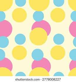 Vector seamless pattern of colorful overlapping circles in soft pastel shades of yellow, pink, and blue on a pale cream background.