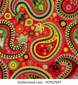 Vector seamless pattern with colorful Paisley and decorative elements