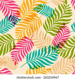 Vector seamless pattern of colorful palm tree leaves. Nature organic background.