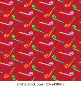 Vector seamless pattern of colorful party whistle and lots of musical notes on red,festive cute graphic background,wrapping paper,texture,textile,fabric,celebration,Merry Christmas,Happy New Year.