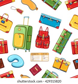 Vector seamless pattern with colorful passenger luggage, accessories and equipment. Travel stuff background
