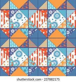 Vector seamless pattern with colorful patchwork design with the image of abstract flowers, hearts,polka dots, the cell, striped, plain. 