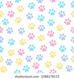Vector seamless pattern with colorful paw print. Cute animal background.
