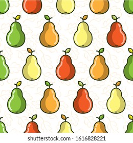 Vector seamless pattern with colorful pears; flat pear icons; fruity design for fabric, wallpaper, wrapping paper, package, textile, tablecloth, web design.