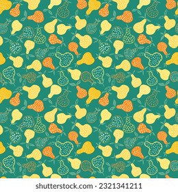 Vector seamless pattern with colorful pears on a blue-green background in a flat style. Perfect for print, wrapping paper, wallpaper, fabric design.