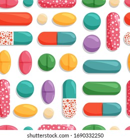 Vector seamless pattern with colorful pills. Medical, pharmaceutical symbols isolated on white background.