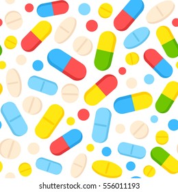 Vector seamless pattern with colorful pills and tablets. Scattered bright drug capsules. Medical background illustration.