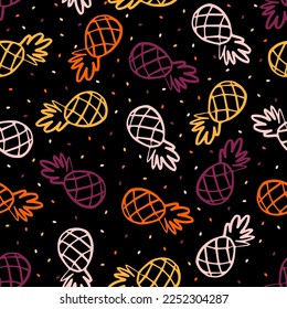 Vector seamless pattern with colorful pineapple and black background