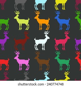 Vector seamless pattern with colorful pixel deers