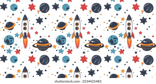 Vector seamless pattern with colorful planets, rockets, and meteors in cartoon style for children's wallpapers and decorative designs