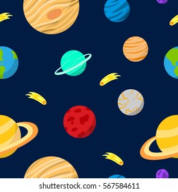 vector seamless pattern with colorful planets of the solar system and comet on dark blue background. Space in cartoon style. hand drawn celestial bodies.