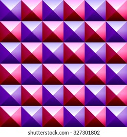 Vector seamless pattern with colorful plastic cubes arranged in a row. Geometric tileable background with pink and purple pyramidal ornament