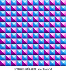Vector seamless pattern with colorful plastic cubes arranged in a row. Geometric tileable background with blue and purple pyramidal ornament
