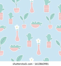 Vector Seamless Pattern Colorful Playful Organic Flowers Leaves and Cactus in a Pot Mute Pastel Color
