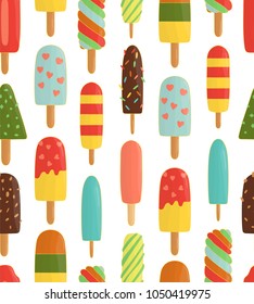 Vector seamless pattern of colorful popsicles. Bright and cheerful ice-cream repeat background. Cold summer dessert on white background. Vintage  doodle style backdrop.