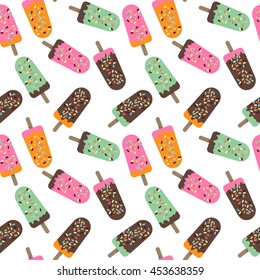 Vector seamless pattern with colorful popsicles and sprinkles.