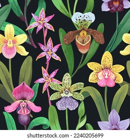 Vector seamless pattern with colorful psychedelic orchid flowers. Hand drawn detailed print for textile and wallpaper.