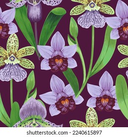 Vector seamless pattern with colorful psychedelic orchid flowers. Hand drawn detailed print for textile and wallpaper.