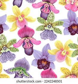 Vector seamless pattern with colorful psychedelic orchid flowers. Hand drawn detailed print for textile and wallpaper.