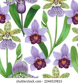 Vector seamless pattern with colorful psychedelic orchid flowers. Hand drawn detailed print for textile and wallpaper.