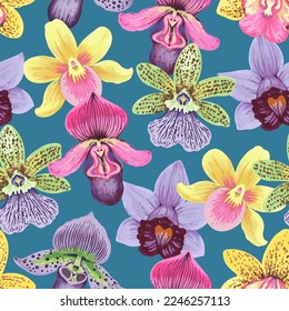 Vector seamless pattern with colorful psychedelic orchid flowers. Hand drawn detailed print for textile and wallpaper.
