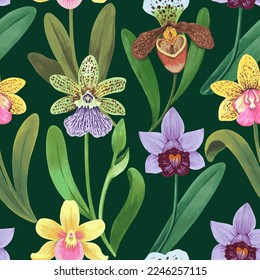 Vector seamless pattern with colorful psychedelic orchid flowers. Hand drawn detailed print for textile and wallpaper.