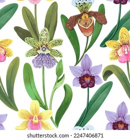 Vector seamless pattern with colorful psychedelic orchid flowers. Hand drawn detailed print for textile and wallpaper.