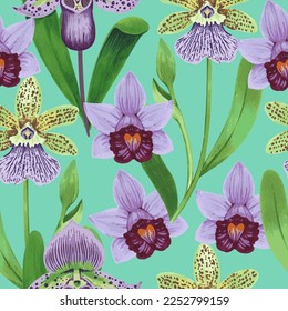 Vector seamless pattern with colorful psychedelic orchid flowers. Hand drawn detailed print for textile and wallpaper.