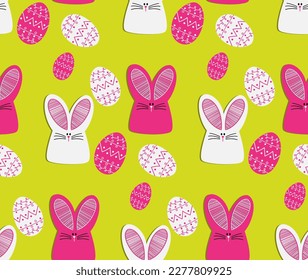 Vector seamless pattern with colorful rabbits and colorful eggs. Easter holiday background with rabbit