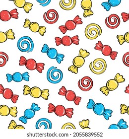 Vector seamless pattern of colorful rainbow swirl lollipops and candy