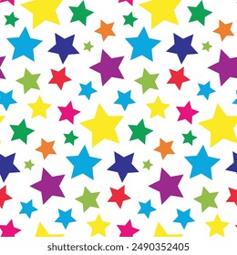 Vector seamless pattern with colorful rainbow stars confetti. Isolated on white background. Texture for wrapping paper, wallpaper, print.	