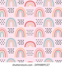 Vector seamless pattern with colorful rainbows. Bright repeated texture with brush strokes. Childish print for kids fabric and wrapping paper. Hand-drawn background.