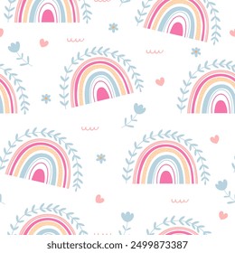 Vector seamless pattern with colorful rainbows in boho style	