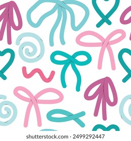 Vector seamless pattern with colorful ribbons, shoelaces, bows, spirals, hearts in soft pastel colors, perfect for romantic designs, baby shower decorations, gift wrap, cute and charming touch